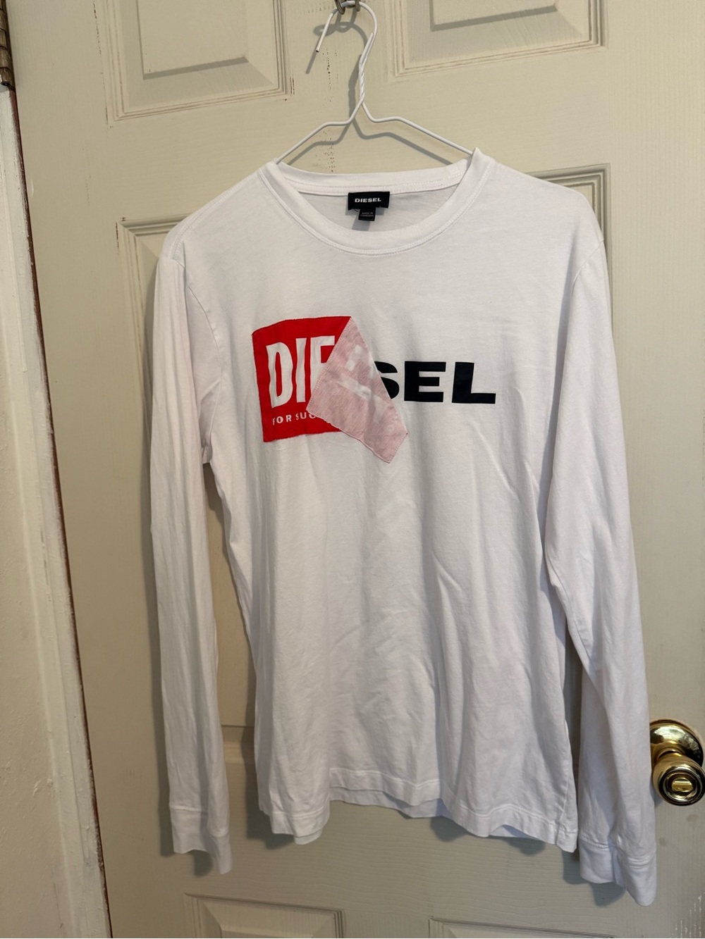 Diesel White Long-Sleeve Logo Tee with Red Accent